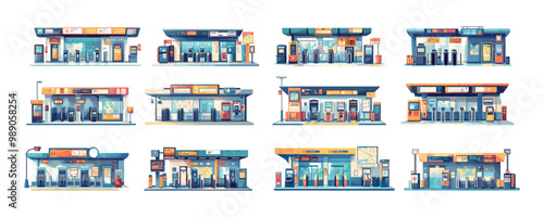 Subway ticket machines atm terminals cartoon vector set. Entrance turnstile electronic gates advertising stands navigation pointers secure access metro station passenger control isolated artworks