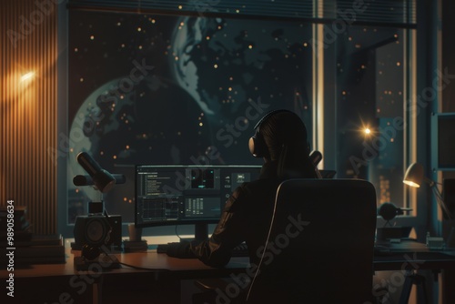 In the quiet of night, a focused woman designs a new 3D level, illuminated by her computer screen as she creates immersive worlds for gamers from her apartment.