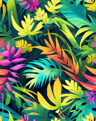 Tropical ferns and swirling lines seamless design pattern wallpaper