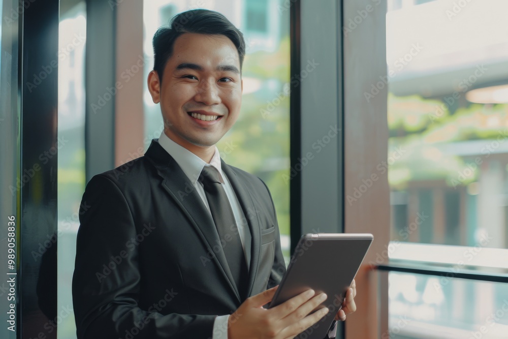 A young professional in a suit, smiling while holding a tablet, stands by a large window in a sleek office space, emanating confidence and readiness. A young professional in a suit, smiling while holding a tablet, stands by a large window in a sleek office space, emanating confidence and readiness.