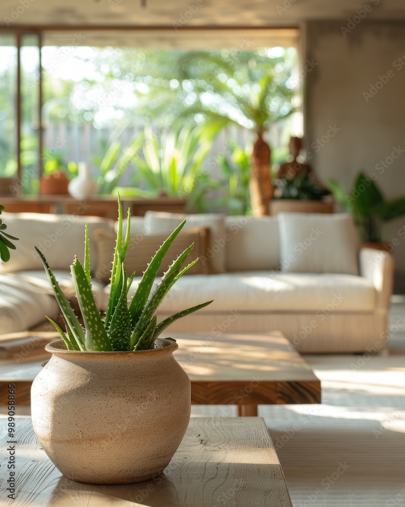 Fototapeta premium Sunny Corner in Modern Living Room with Aloe Vera Plant in Ceramic Pot