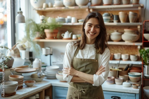 A friendly potter in an apron, proudly displaying her ceramic work in a bright, inviting studio filled with various pottery pieces and tools.