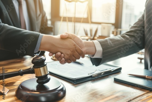 Two people shake hands in a well-lit office with legal documents and a judge's gavel on the desk, symbolizing a legal agreement or settlement.