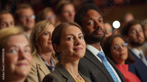 A diverse audience attentively listening at a formal business conference or presentation.