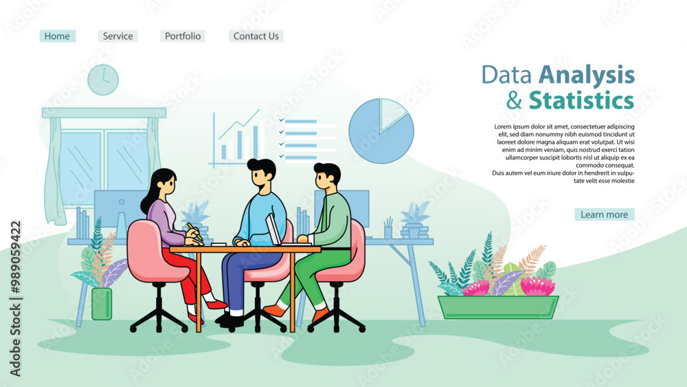 Analysis and Statistics illustration web template with a simple flat illustration of some people meeting and a web homepage layout. Analysis and Statistics illustration web template with a simple flat illustration of some people meeting and a web homepage layout.