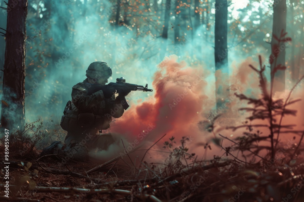 Fototapeta premium A soldier kneels and takes aim amid vibrant smoke in a forest, highlighting the tension and intensity of a tactical operation in a challenging environment.