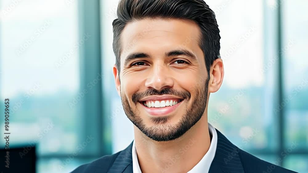 Smiling man with neatly groomed hair wearing a business suit, standing in a bright modern office environment Smiling man with neatly groomed hair wearing a business suit, standing in a bright modern office environment