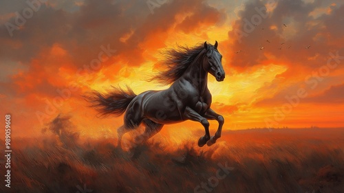 A black horse galloping across a field with a dramatic sunset backdrop.