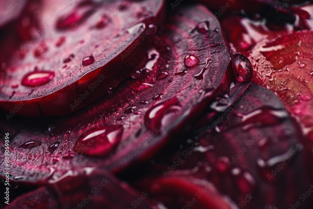 Close-up of dew-covered beet slices with a rich, deep magenta hue, exuding freshness and texture. Close-up of dew-covered beet slices with a rich, deep magenta hue, exuding freshness and texture.
