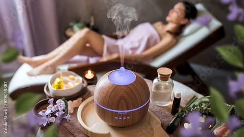 A wooden essential oil diffuser with a blue light emitting from it, is surrounded by candles and other spa items. A woman in a towel relaxes in the background.