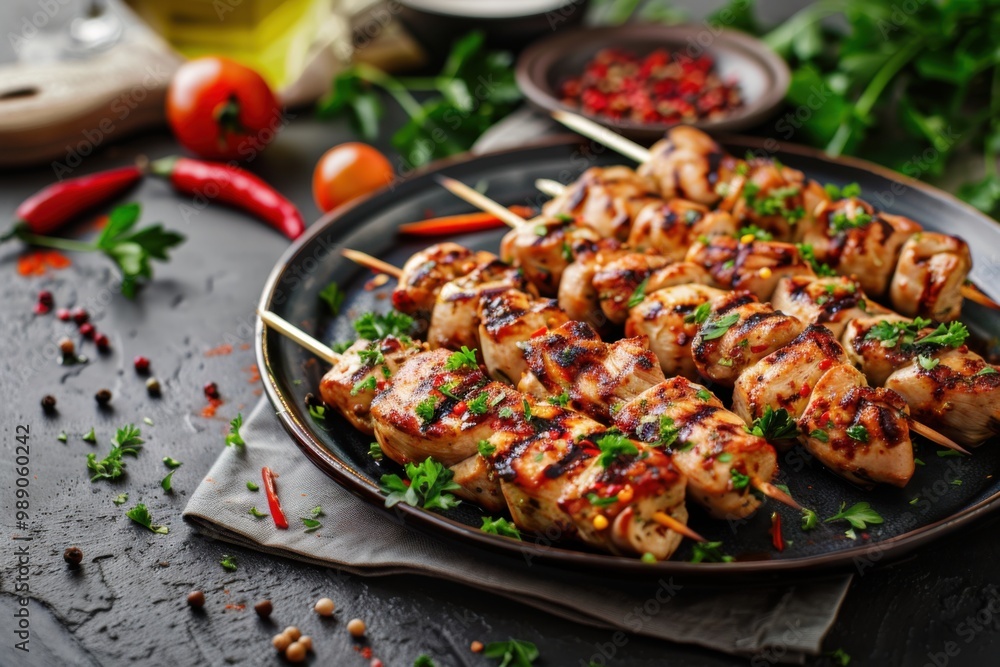 Chicken kebab platter garnished with fresh parsley Chicken kebab platter garnished with fresh parsley