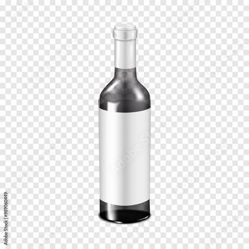 Clear glass wine bottle with white blank label on transparent background. 3d vector mock-up. Drink packaging. Realistic mockup
