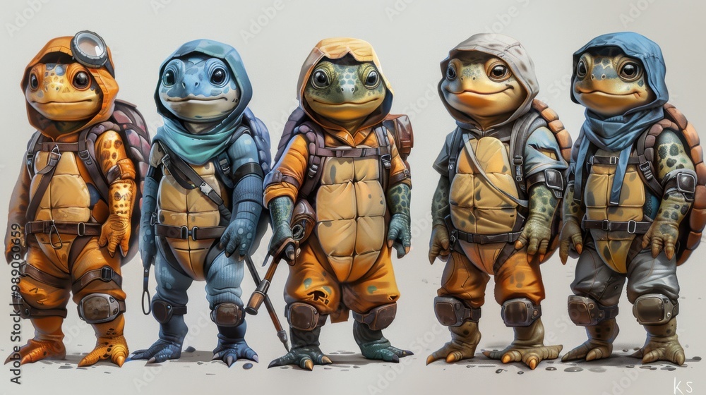 Design Pop Color illustrations of Turtle wearing a fisherman outfit in a white background in various activities ,with bold lines and simple design, placed on a white background Design Pop Color illustrations of Turtle wearing a fisherman outfit in a white background in various activities ,with bold lines and simple design, placed on a white background