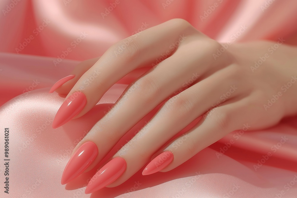 Long, smooth pink nails with a glossy finish, set against a soft background, creating a sleek style Long, smooth pink nails with a glossy finish, set against a soft background, creating a sleek style