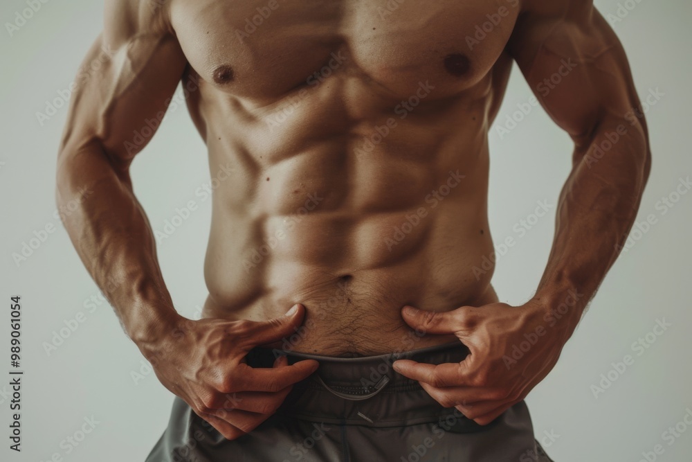 The photograph captures the muscular and defined torso of a male athlete, highlighting his ripped abs. The photograph captures the muscular and defined torso of a male athlete, highlighting his ripped abs.