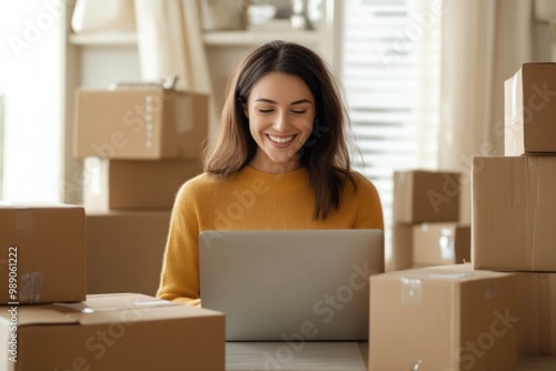 Excited Woman Embraces Online Shopping Deals in a Cozy Home Office Surrounded by Delivery Boxes