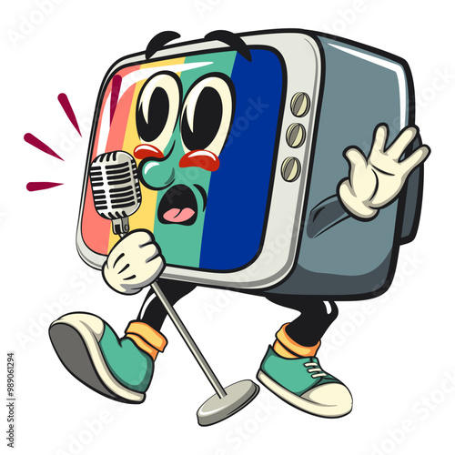vintage tv monitor cartoon character mascot retro vector design sing earnestly with maximum style, work of hand drawn