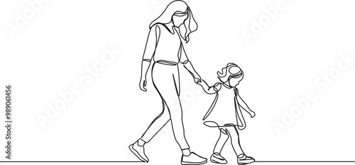 continuous single line drawing of mother and young daughter walking hand in hand, line art vector illustration
