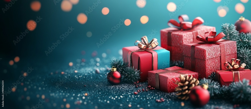 Obraz premium Christmas presents in snow with pine cones and ornaments, background