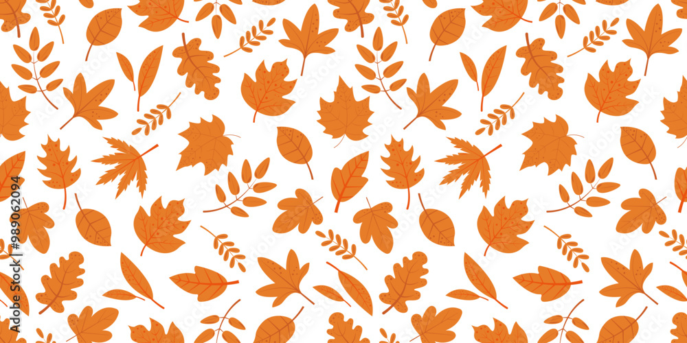 Seamless pattern with autumn leaves from different trees, oak, maple, chestnut. Simple orange fall leaf set for banner, Hello autumn, Thanksgiving card. vector illustration Seamless pattern with autumn leaves from different trees, oak, maple, chestnut. Simple orange fall leaf set for banner, Hello autumn, Thanksgiving card. vector illustration