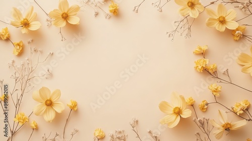 A soft arrangement of yellow flowers and delicate branches on a light background.