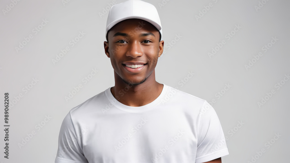 Young black man wearing white t-shirt and white baseball cap isolated on grey background Young black man wearing white t-shirt and white baseball cap isolated on grey background