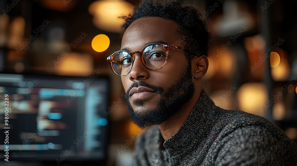 Thoughtful Black Man in Glasses Looking Away From Computer Screen Thoughtful Black Man in Glasses Looking Away From Computer Screen