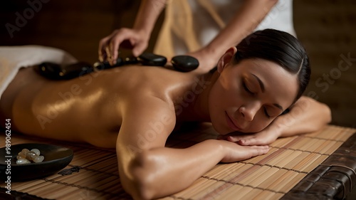 Woman receiving a hot stone massage, relaxing on a bamboo mat. photo