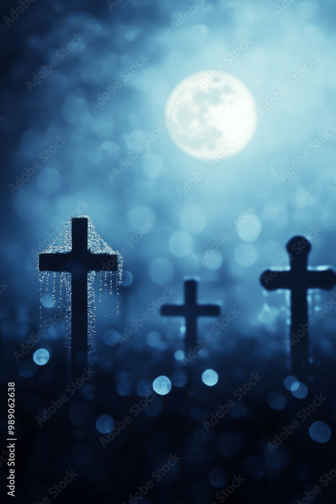 Full moon shining over a rainy graveyard at night, background Full moon shining over a rainy graveyard at night, background