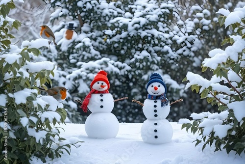 Concetto di inverno, freddo e feste di Natale: pupazzo di neve in un bosco con pettirosso photo