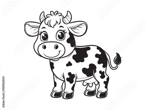 Cute cartoon cow. Black and white vector outline illustration. Children's coloring book