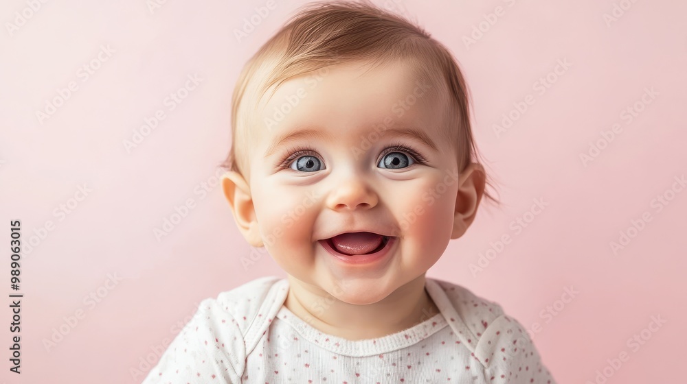 Joyful Infant with Bright Smile on Pink Background Joyful Infant with Bright Smile on Pink Background