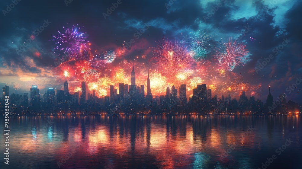 A dazzling fireworks display reflects on water, brightening the skyline with vibrant colors against the night A dazzling fireworks display reflects on water, brightening the skyline with vibrant colors against the night