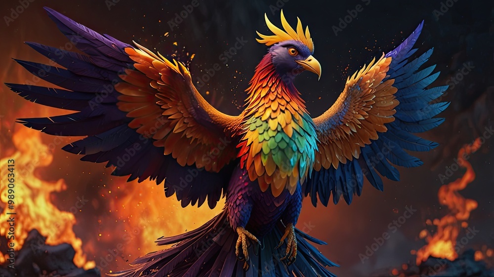 Fototapeta premium Colorful tropical parrot illustration with red and yellow feathers, perched on a green floral branch