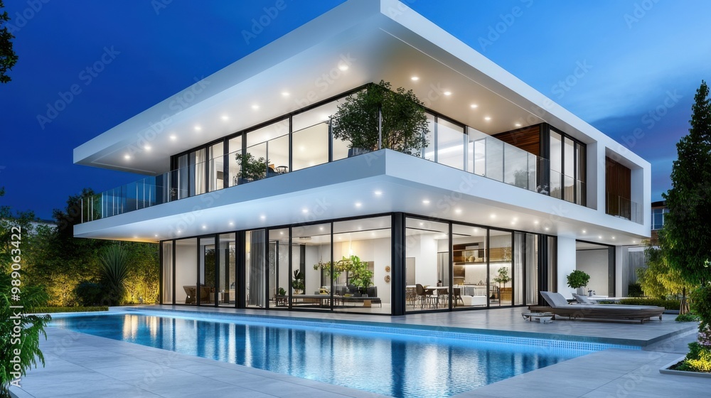 Modern Contemporary Villa with Pool at Night Modern Contemporary Villa with Pool at Night