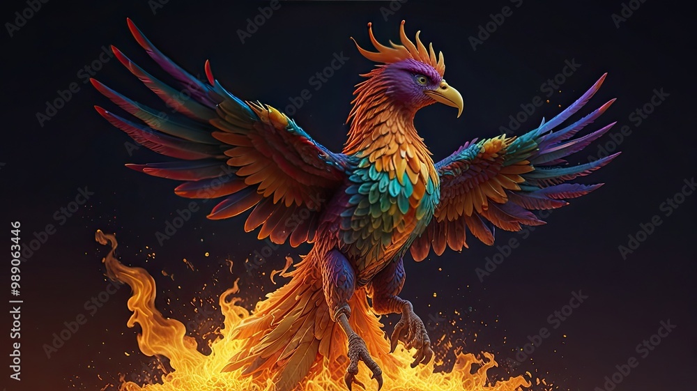 Fototapeta premium Colorful tropical parrot illustration with red and yellow feathers, perched on a green floral branch