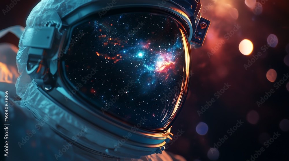 The reflection of stars and galaxies in the visor of an astronaut's helmet. The astronaut's face should be subtly visible behind the glass, while the visor reflects a breathtaking view. The reflection of stars and galaxies in the visor of an astronaut's helmet. The astronaut's face should be subtly visible behind the glass, while the visor reflects a breathtaking view.