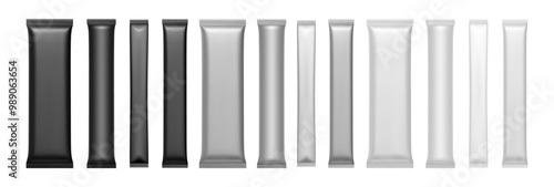 Blank plastic foil bag for packaging design, mockup template for food snack. Vector isolated set of realistic empty sealed wrapping for sugar or coffee to go. Branding and copy space sachet