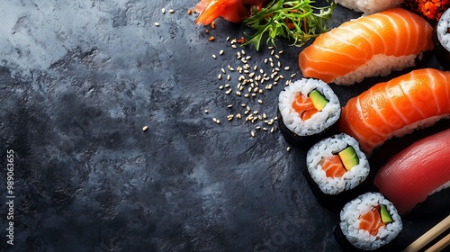 An elegant display of sushi. The sushi should be artfully arranged on a traditional wooden platter, showcasing vibrant colors and fresh ingredients. photo