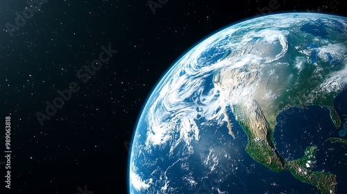 Planet Earth as seen from space. The image should focus on the curvature of the Earth, showcasing its vibrant blue oceans, green landmasses, and swirling white clouds. photo