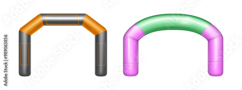 Air balloon inflatable arches for finish or start of race or sports competition. Vector isolated set of realistic rubber gates for marathon or sportive challenge. Colorful blank entrance