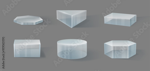 Empty crystal pedestal platform for product showcase or presentation. Vector isolated set of realistic glass or plastic geometric shapes for goods stand. Square and hexagon, circle and triangle