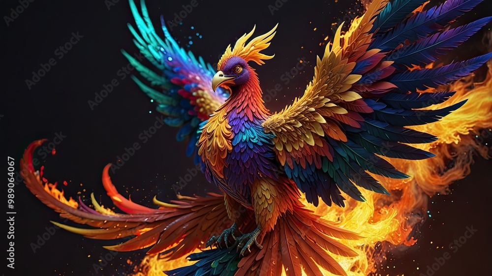 Colorful tropical parrot illustration with red and yellow feathers, perched on a green floral branch Colorful tropical parrot illustration with red and yellow feathers, perched on a green floral branch