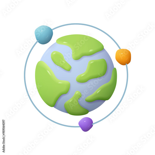 Planet with ring around and orbiting mini planets, fantasy globe. Vector illustration of Saturn, Jupiter, Uranus, Neptune. 3d icon. Cartoon minimal kids toy of solar system sphere