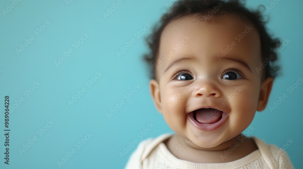Happy Baby Smiling with Bright Eyes on Blue Background Happy Baby Smiling with Bright Eyes on Blue Background