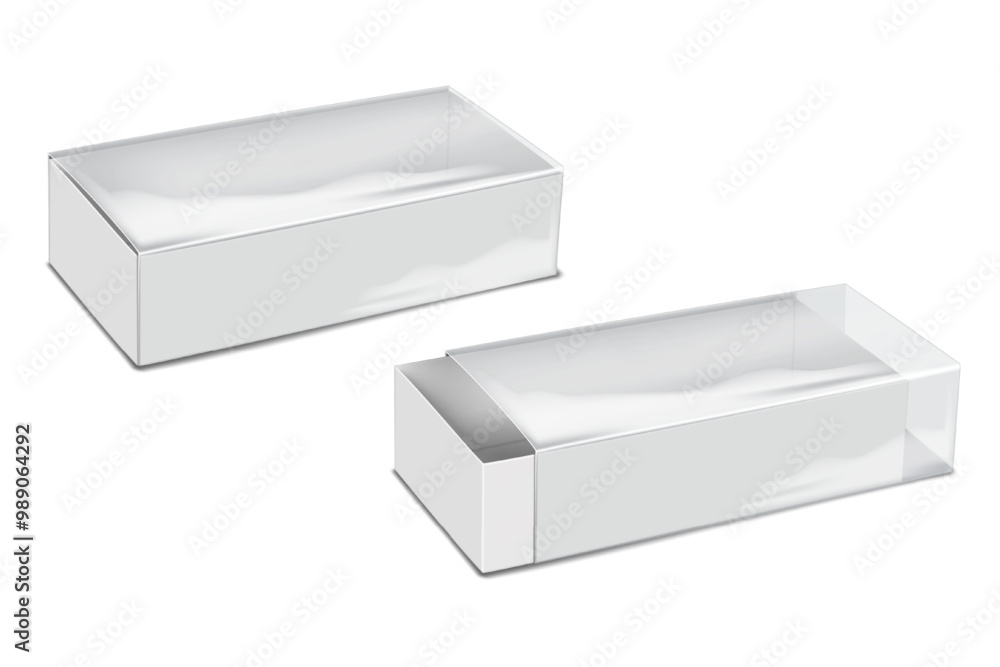 White blank cardboard drawer box with clear plastic lid. 3d vector mock-up. Tray and sleeve two-piece gift box. Realistic mockup. Sliding container packaging. Template for design White blank cardboard drawer box with clear plastic lid. 3d vector mock-up. Tray and sleeve two-piece gift box. Realistic mockup. Sliding container packaging. Template for design