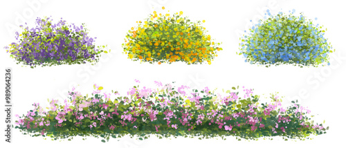  Vector watercolor blooming flower tree or forest side view isolated on white background for landscape and architecture drawing,elements for environment or and garden,green tree for garden section 