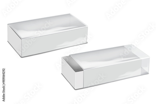 White blank cardboard drawer box with clear plastic lid. 3d vector mock-up. Tray and sleeve two-piece gift box. Realistic mockup. Sliding container packaging. Template for design