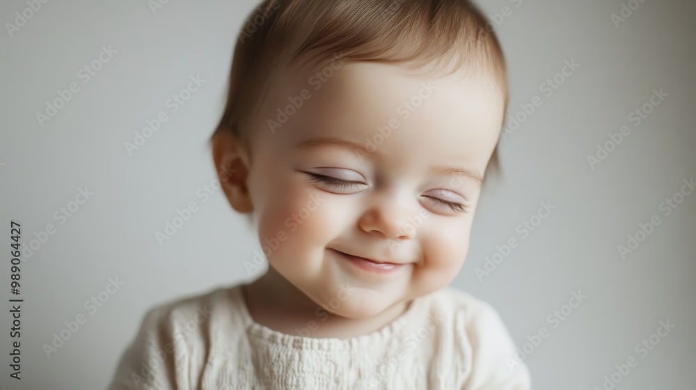 Charming Baby Smiling Shyly and Looking Down Charming Baby Smiling Shyly and Looking Down