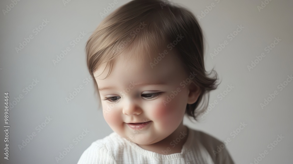 Cute Baby Smiling Shyly and Looking Down Cute Baby Smiling Shyly and Looking Down